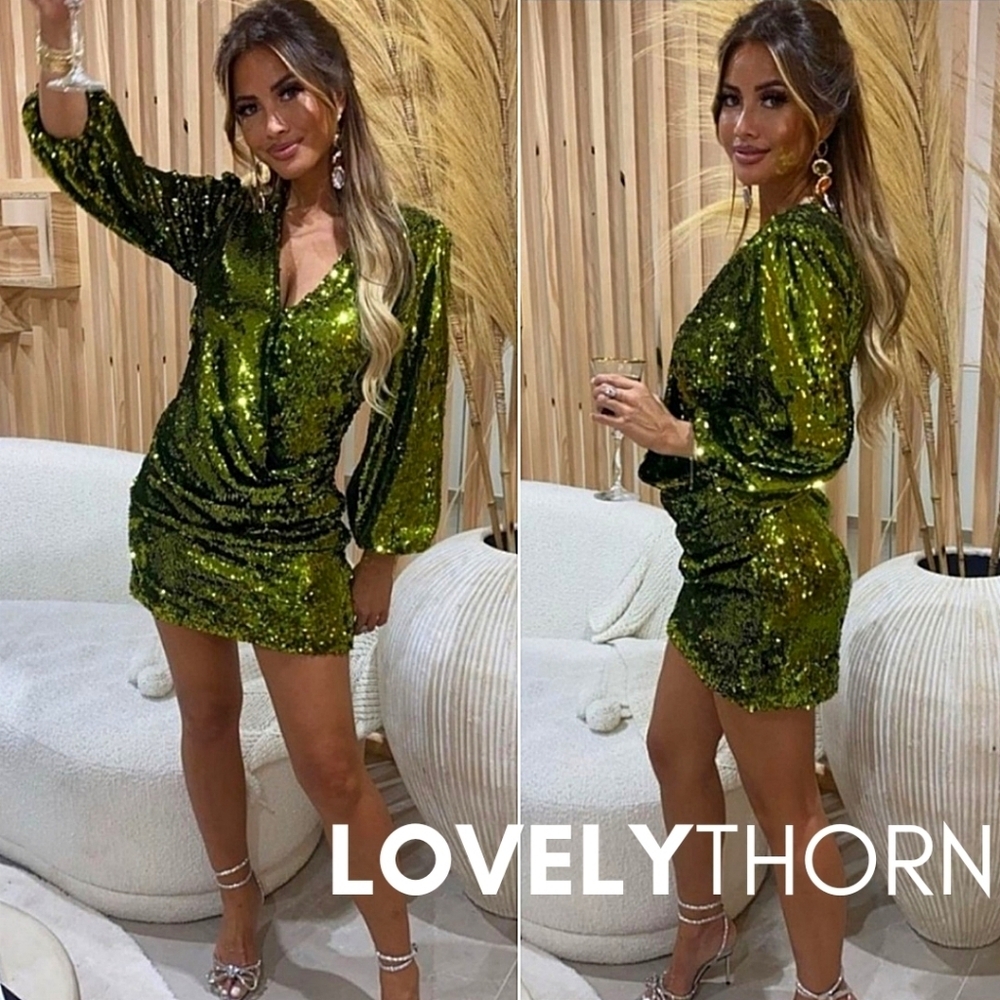 ZARA // ltd ed chartreuse green sequin faux wrap surplice plunge mini dress